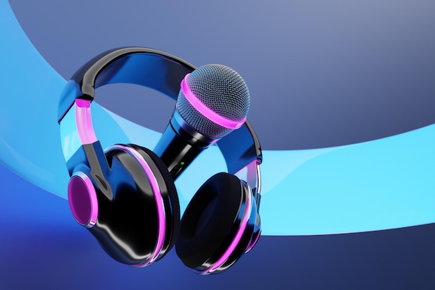 Modelo de forma redonda de microfone e fones de ouvido sem fio em fundo azul ilustração 3d realista prêmio de música de rádio de karaokê e equipamento de som de estúdio de gravação