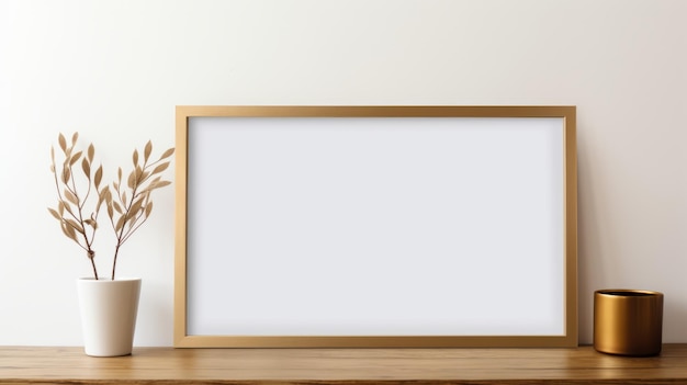 Modelo de foto de moldura de ouro minimalista em bancada de madeira