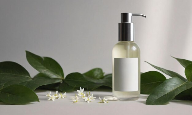 Modelo de garrafa de cosméticos orgânicos de vidro com dispensador e rótulo branco em branco perto de folhas e flores