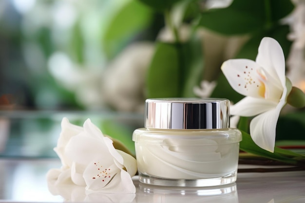 Modelo de garrafa de creme facial de luxo em salão de spa com flores de lírios suaves conceito de autocuidado