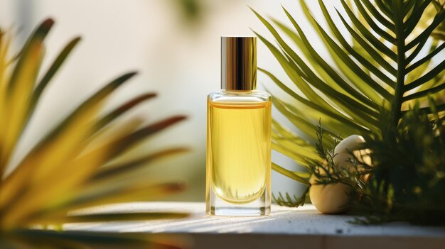 Foto modelo de garrafa de perfume de vidro amarelo transparente com plantas em fundo