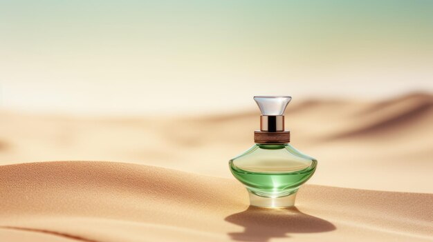 Modelo de garrafa de perfume de vidro verde transparente com fundo de areia