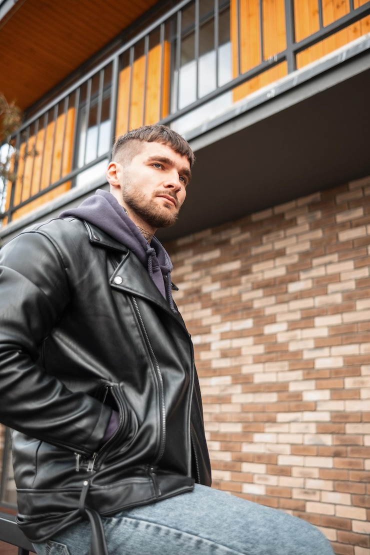 Foto modelo de hipster jovem bonito na moda com cabelo e barba em roupas elegantes com capuz e jaqueta fica perto do prédio na rua