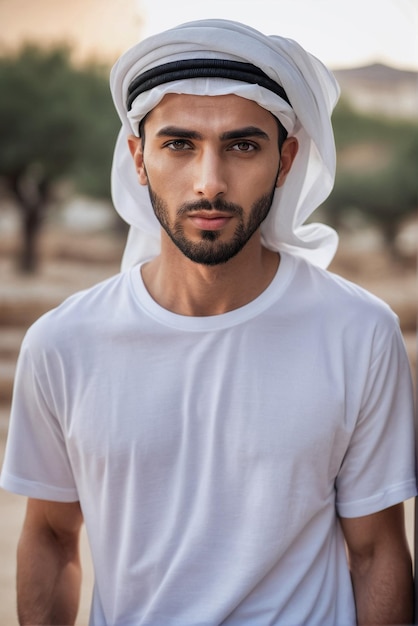 Foto modelo de homem árabe vestindo camisa branca camisa de tamanho grande modelo de camisa branca para o seu design