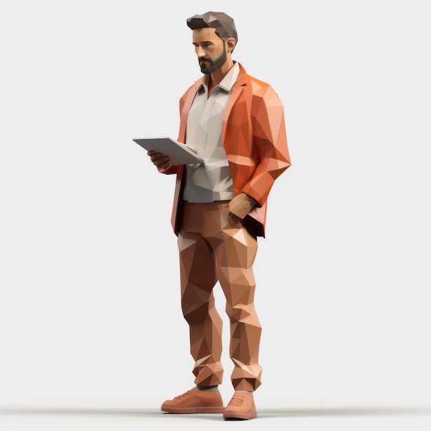 Modelo de homem em 3D de pé com tablet estilo Tran Nguyen