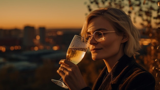 Modelo de IA generativo de uma mulher sorridente bebendo vinho de um copo com bolhas enquanto o sol se põe à distância