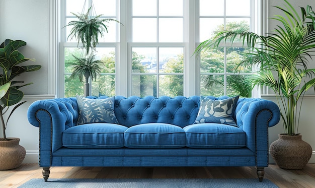 Modelo de interior de casa com sofá azul, mesa de madeira e decoração em sala de estar azul