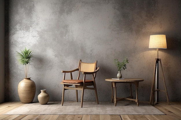 Modelo de interior em estilo Wabisabi com cadeira, mesa, vaso e lâmpada de chão em fundo de parede grunge
