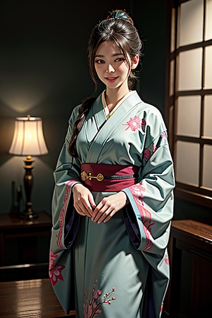 Modelo de jovem japonesa linda usando lindo quimono fundo de papel de parede de beleza requintada