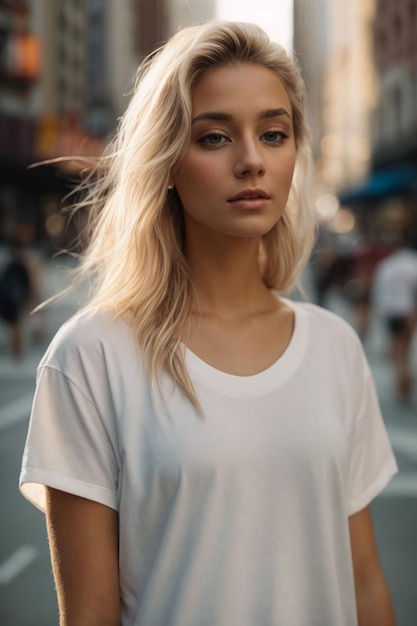 Modelo de jovem linda mulher com maquete de camiseta branca