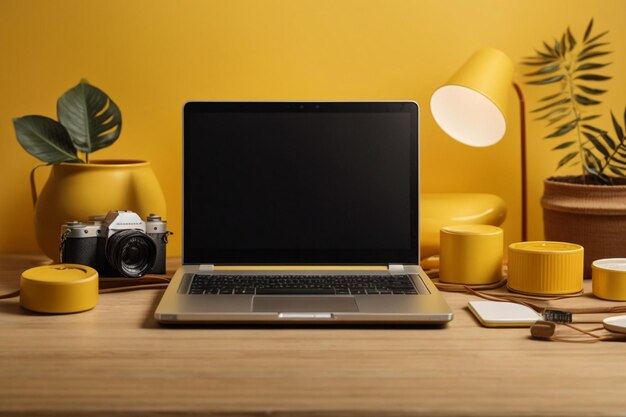 Modelo de laptop em branco com fundo amarelo e elementos decorativos AI Gerado