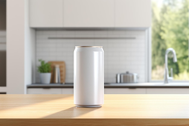 Modelo de lata de refrigerante prateada em branco na mesa de cozinha de madeira