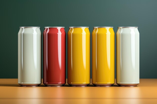Modelo de latas de bebidas coloridas em superfície refletora