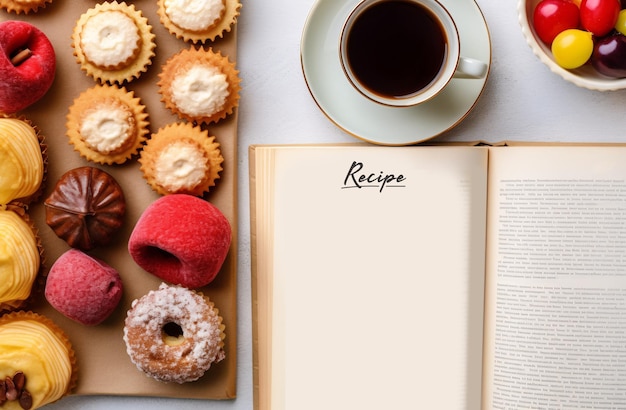 Modelo de livro de receitas vazio mock up Biscoitos de xícara de café e padaria sobre um fundo de toalha de mesa rosa perfeito para receitas de culinária de arte de nota Generative Ai