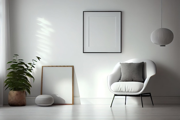 Modelo de luz de cadeira de chão branco de parede interior da sala de estar espaço em branco Generative Ai