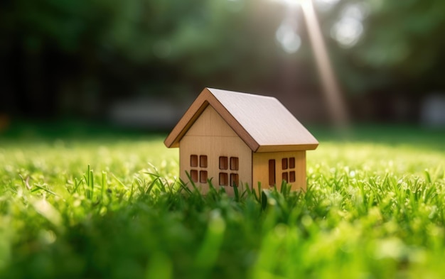 Modelo de madeira de casa na grama de verão ao ar livre novo conceito de casa