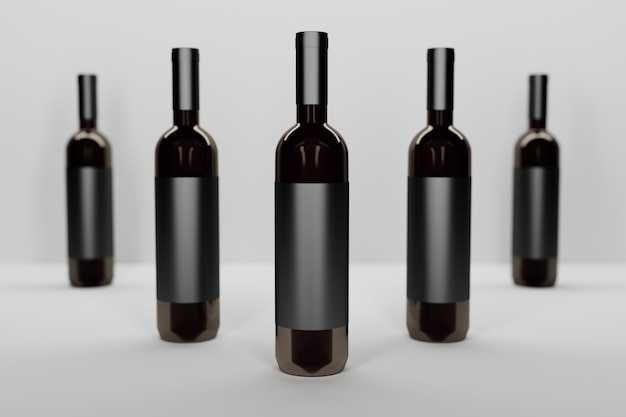Modelo de maquete com uma linha de cinco garrafas de videira de vidro escuro em branco