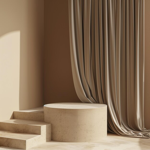 Modelo de maquete de renderização 3D de pódio envolto em pano cena minimalista com parede marrom em retrato