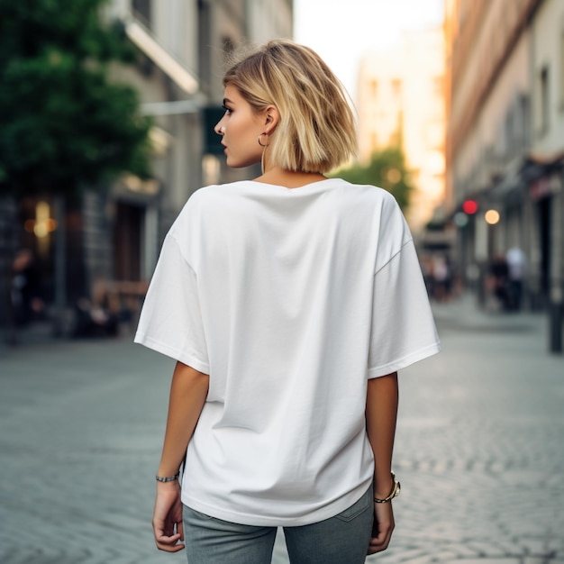 Modelo de menina vestindo camiseta branca grande em branco LA street Vista traseira estilo moderno