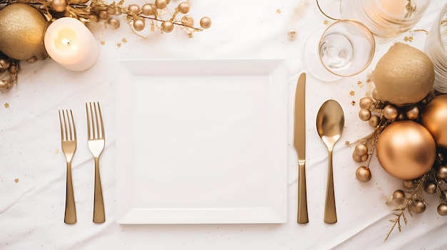 Modelo de menu de mesa de Natal com pratos brancos, pratas e decorações de fundo Vista superior