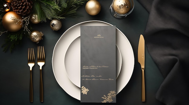 Foto modelo de menu de natal com pratos brancos, pratos de prata e decorações de fundo