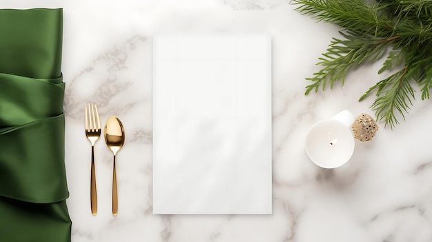 Modelo de menu de Natal com pratos brancos, pratos de prata e decorações de fundo