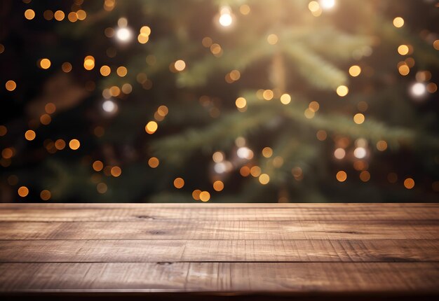 Modelo de mesa de madeira de Natal com luzes borradas de árvore de Natal e fundo bokeh Banner de modelo festivo com decoração criativa de baubles e espaço de cópia