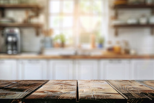 Modelo de mesa de madeira em fundo desfocado da cozinha para exibição de produtos