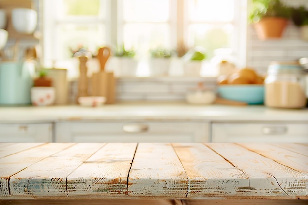 Modelo de mesa de madeira em fundo desfocado da cozinha para exibição de produtos