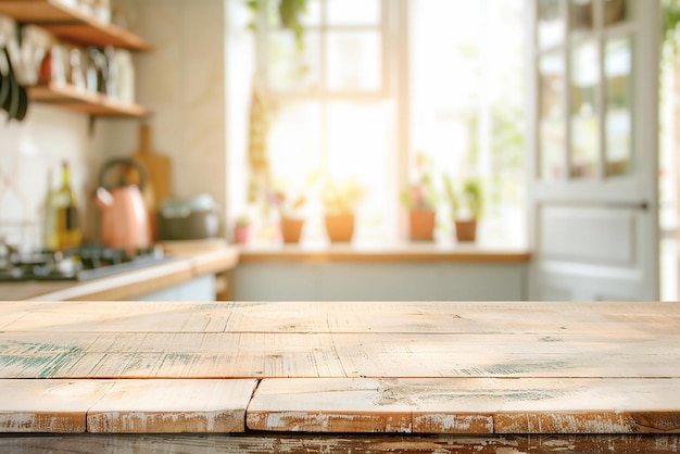 Modelo de mesa de madeira em fundo desfocado da cozinha para exibição de produtos