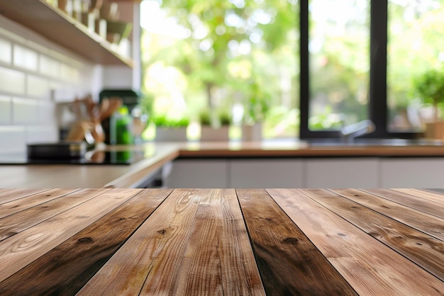 Modelo de mesa de madeira em fundo desfocado da cozinha para exibição de produtos