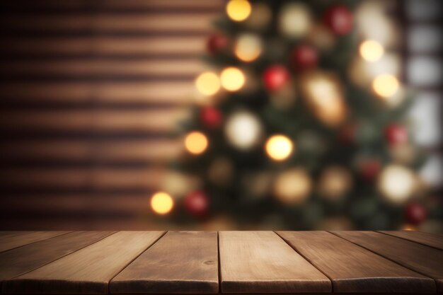 Modelo de mesa vazia de madeira com fundo de luzes bokeh de Natal