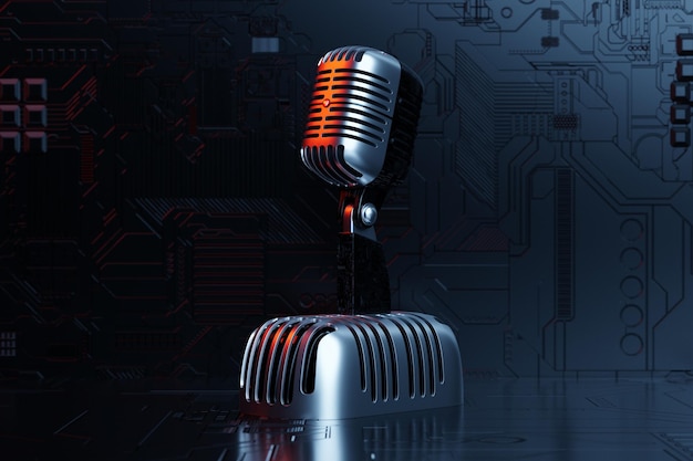 Modelo de microfone prateado em fundo preto ilustração 3d realista música prêmio karaoke rádio e equipamento de som de estúdio de gravação