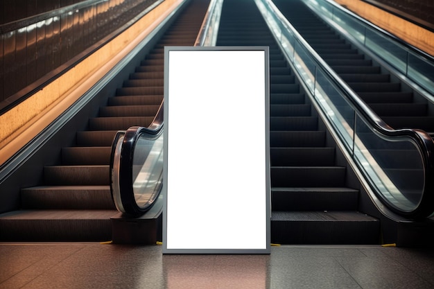 Modelo de mídia de cartaz em branco em uma estação de metrô com escada rolante