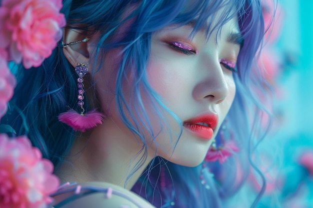 Modelo de moda asiático de cabelos azuis ao ar livre