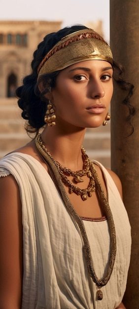 Modelo de moda atraente em trajes reais da rainha egípcia Cleópatra