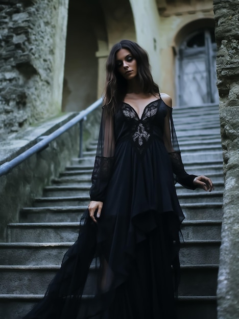 modelo de moda atraente quente em tulle fora se encaixar vestido de moda de moda preto