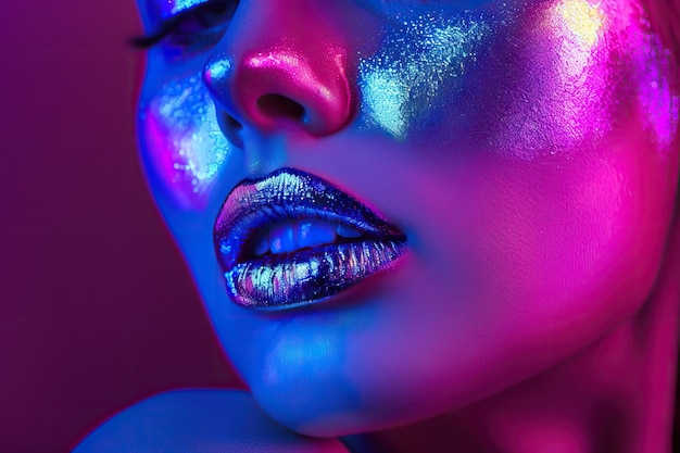 Modelo de moda com lábios prateados em luzes de néon maquiagem colorida