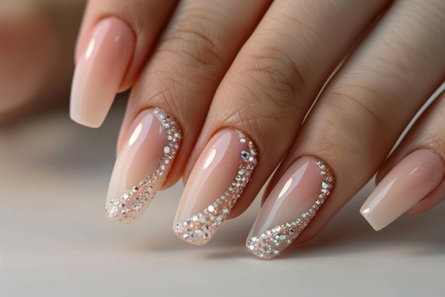 Modelo de moda com manicure beige francês e design de pedra de rhinestone Cuidados de beleza