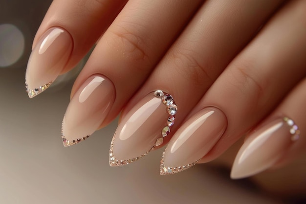 Modelo de moda com manicure francês e desenho de unhas de rhinestone