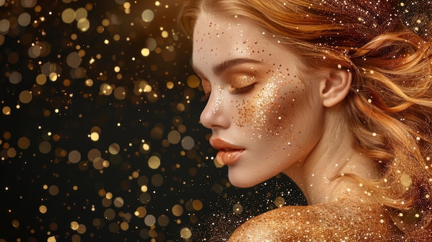 Modelo de moda com maquiagem dourada e cabelo de jóias elegância dramática em preto iluminação de alto contraste AI Generative