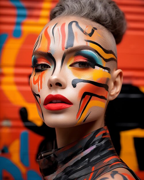 Foto modelo de moda com street art de eyeliner gráfico