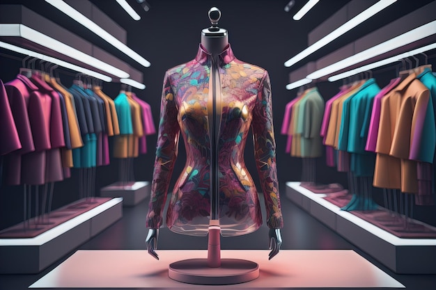 Modelo de moda futurista na loja ai generativo