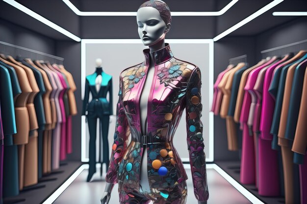 Modelo de moda futurista na loja ai generativo