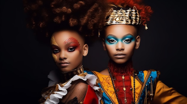 Modelo de moda infantil afro em traje real autêntico Vestido maquiagem completa e estilo de cabelo encaracolado colorido