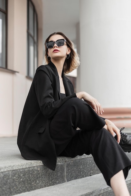 Modelo de moda jovem com óculos de sol em roupas elegantes de negócios com blazer preto e calça senta-se na rua