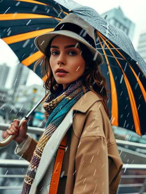 Foto modelo de moda navega por ruas chuvosas com guarda-chuva