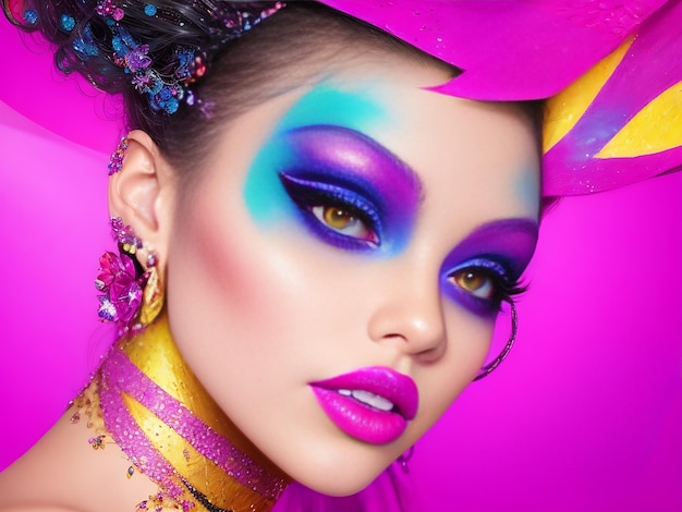 Modelo de moda rosto de mulher com maquiagem de arte de fantasia Relance de maquiagem ousado Arte da moda