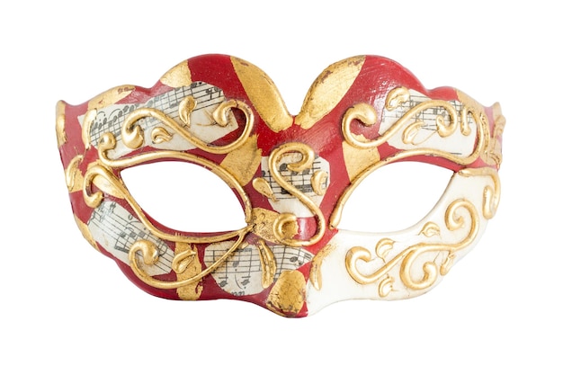 Foto modelo de moda veneziano elegante vestindo uma misteriosa máscara de ouro em um fundo branco