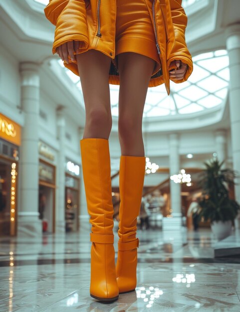 modelo de moda vestindo um casaco amarelo posando no fundo da cidade